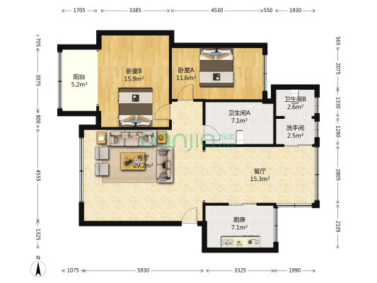 总工会小区 2室2厅3卫 109平方