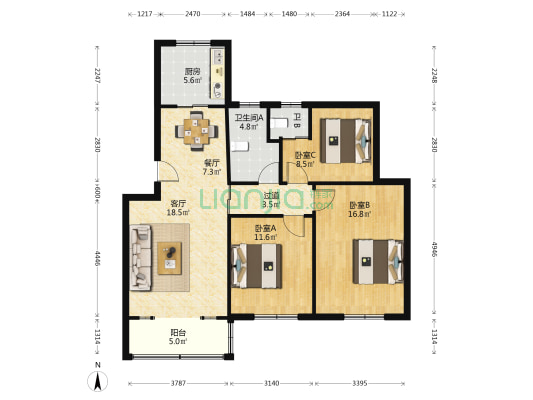 留水园(西区) 3室2厅2卫 103平方