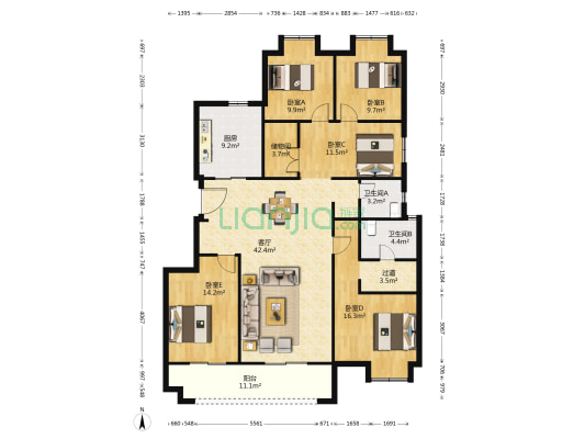 绿地城协子河畔B 5室1厅2卫 164平方