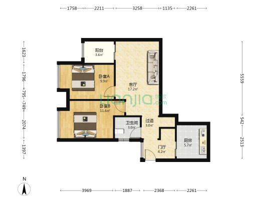 桥隆和锦苑 2室1厅1卫 72平方