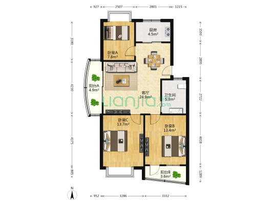 绿源小区 3室1厅1卫 92平方