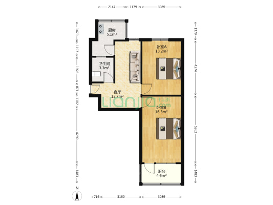 机床厂80号院 2室1厅1卫 66平方
