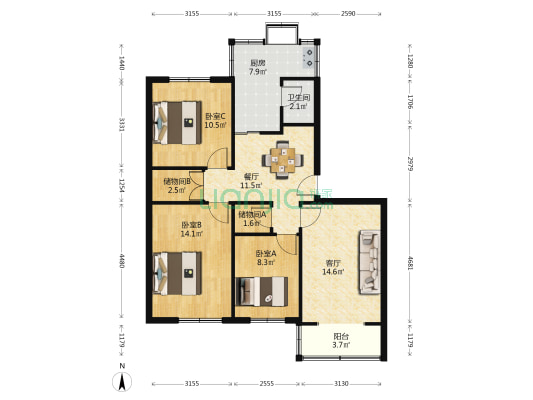 水电宾馆家属院 3室2厅1卫 89平方