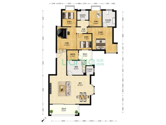 鸿瑞花园二期 5室1厅3卫 173平方