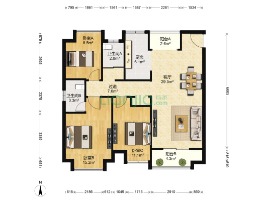绿地国际博览城博浩 3室1厅2卫 115平方