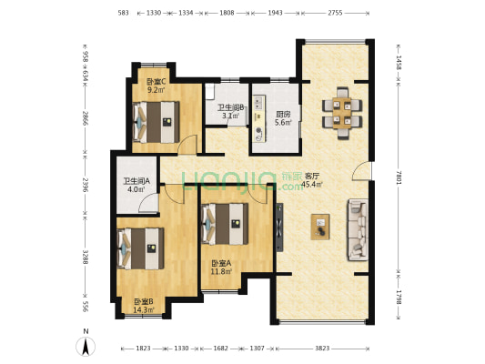 襄投·欣悦城 3室1厅2卫 121平方