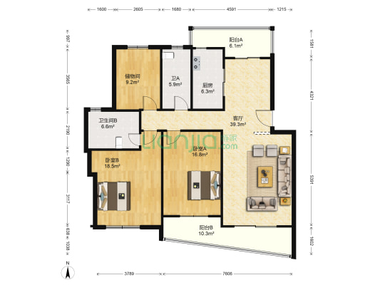 双湖花园 2室1厅2卫 133平方
