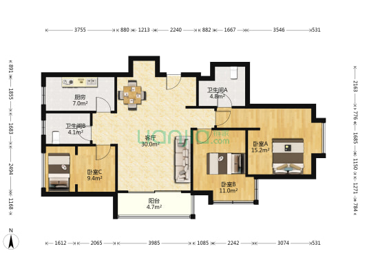 国信紫云台 3室1厅2卫 127平方