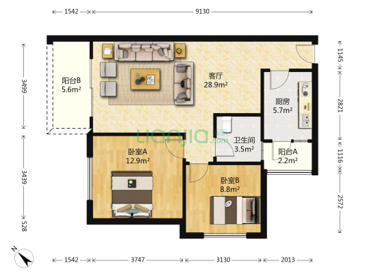长河郡 2室1厅1卫 81平方