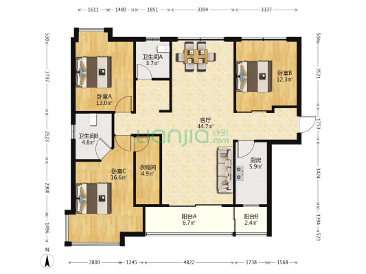 恒宇海岸华府三区 3室1厅2卫 109平方