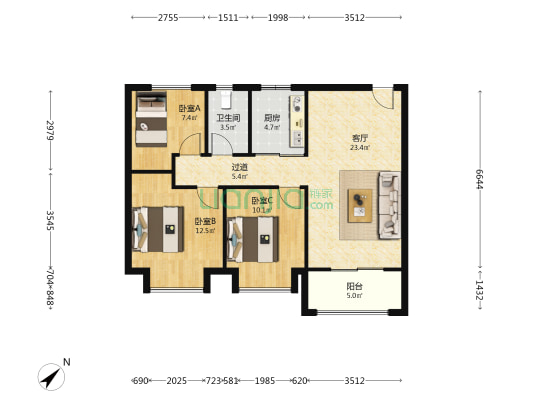 仁恒城市星徽B区 3室1厅1卫 88平方