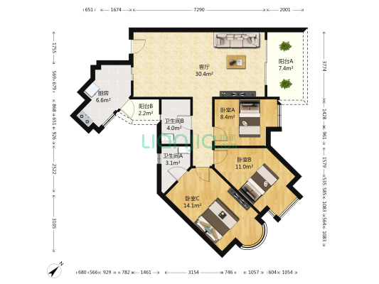 海龙湾 3室1厅2卫 109平方