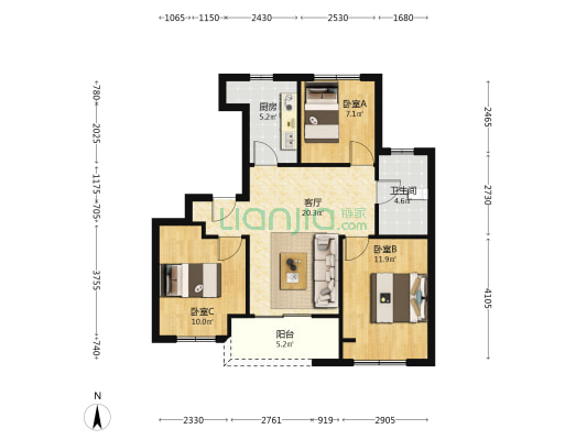 海玥泓邸 3室1厅1卫 87平方