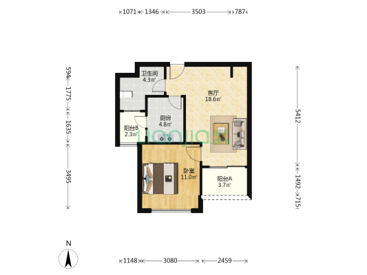 浦江华侨城1期(江桦路200弄) 1室1厅1卫 59平方