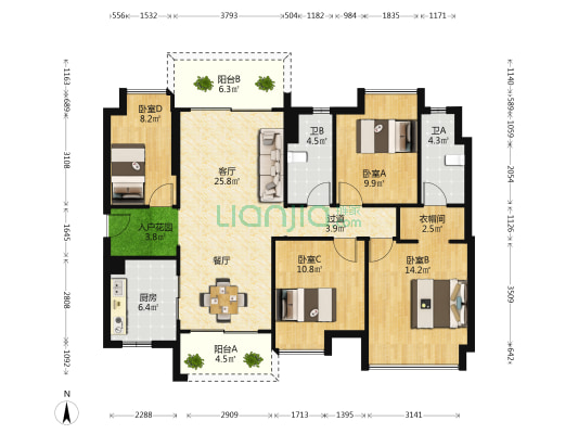 时代美宸一期 4室1厅2卫 128平方
