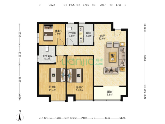 金恒银杉里 3室1厅2卫 122平方