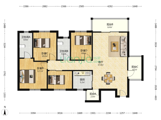 米粮新家园 4室1厅2卫 121平方