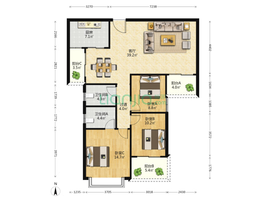 花卉公园小区 3室1厅2卫 126平方