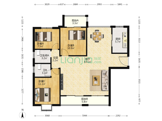 东方美地 3室1厅2卫 122平方
