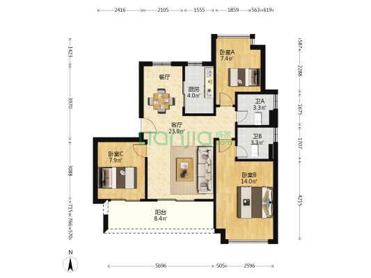 荣安御宾府 3室1厅2卫 88平方