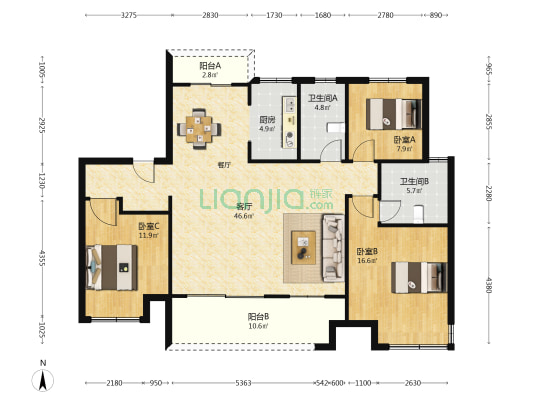 长葛建业城 3室1厅2卫 137平方