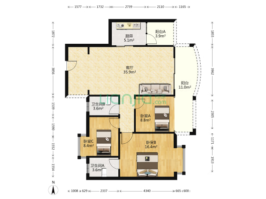 上河坊Q7D区 3室1厅2卫 105平方
