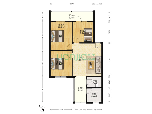 农行宿舍 3室1厅1卫 93平方
