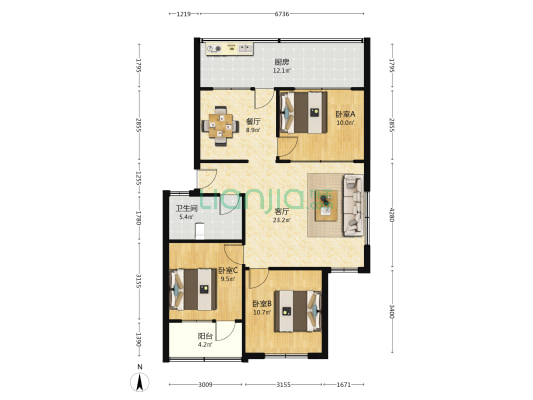 温馨家园 3室2厅1卫 93平方