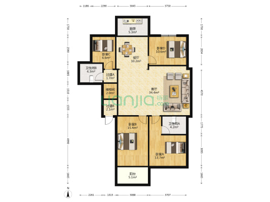 桂香苑 4室2厅2卫 137平方