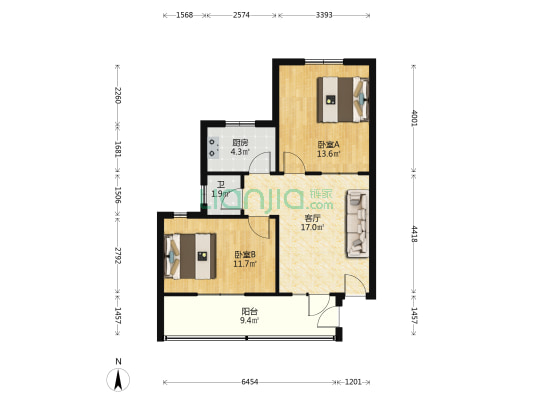 湖商住宅楼 2室1厅1卫 66平方