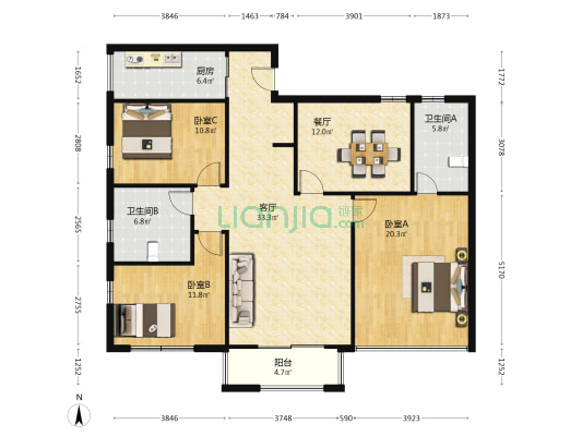 星创城 3室2厅2卫 159平方