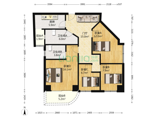 天祥大厦 4室0厅2卫 106平方