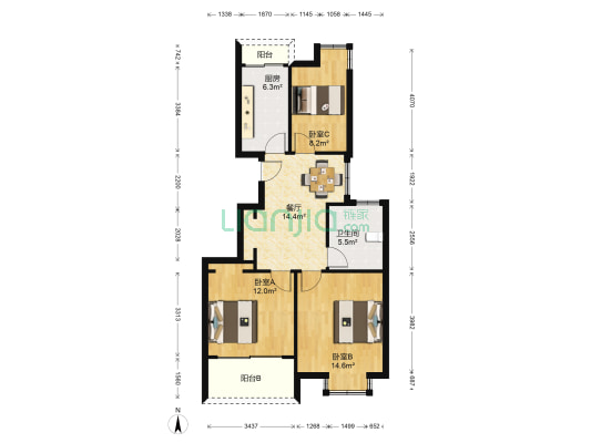 嘉怡水岸(公寓) 3室1厅1卫 92平方