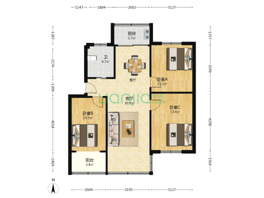 中兴路829弄小区 3室1厅1卫 86平方