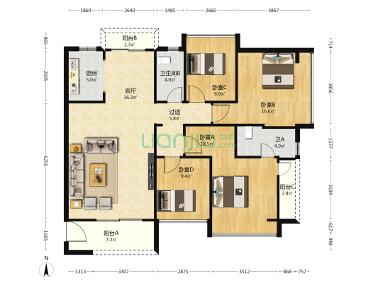譽港灣花園 4室1厅2卫 143平方