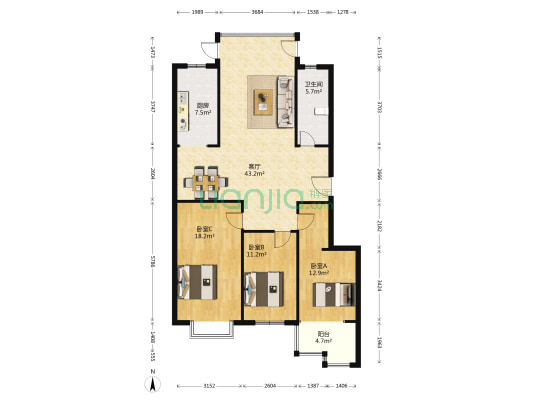 左岸华庭 3室1厅1卫 135平方