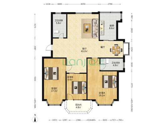 华泉商住楼 3室1厅2卫 132平方