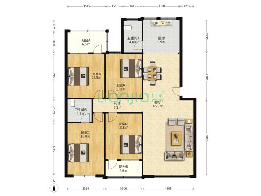 荣贵小区 4室1厅2卫 161平方