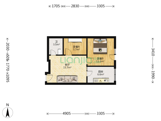 智源里凤城现代广场 2室1厅1卫 64平方