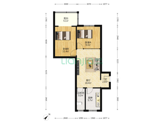 抚琴街2号 2室1厅1卫 57平方