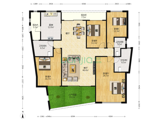庄士映蝶蓝湾一期 4室1厅3卫 208平方