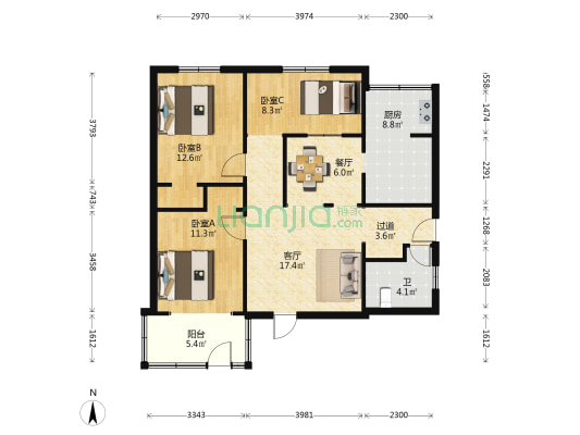 农业路11号 3室2厅1卫 94平方