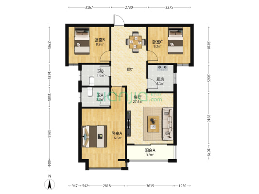 米兰小镇 3室1厅2卫 98平方