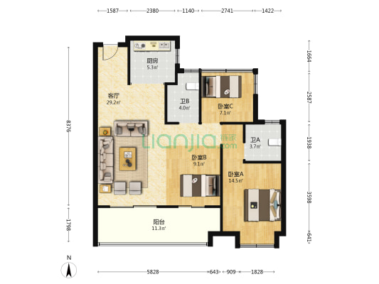 龙湖御湖境 3室1厅2卫 115平方