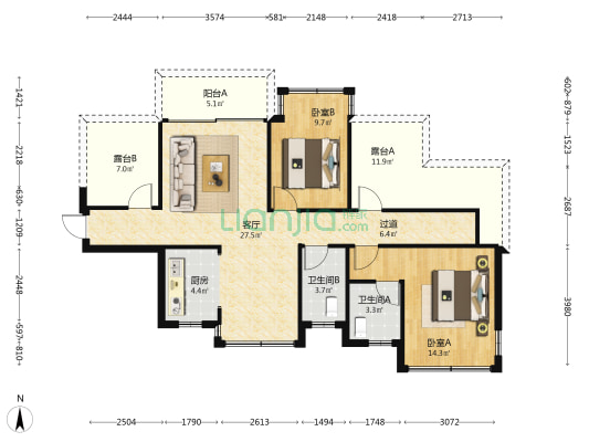 华宏云樾观棠 2室1厅2卫 104平方