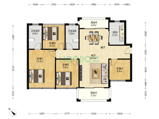 龙光·天瀛 4室1厅2卫 117平方