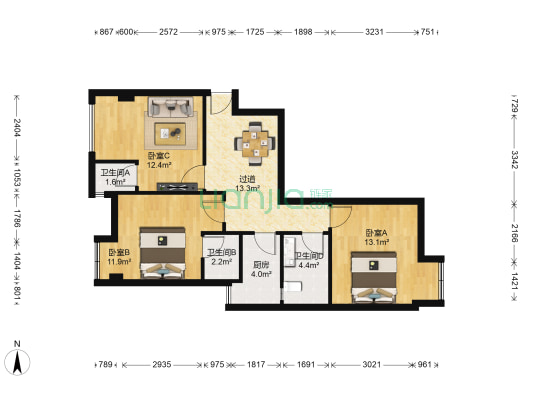 东方新城二期 3室0厅3卫 78平方