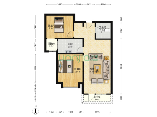 香邑溪谷93平全南大两居 中高好楼层 房本满二自住装修-户型图