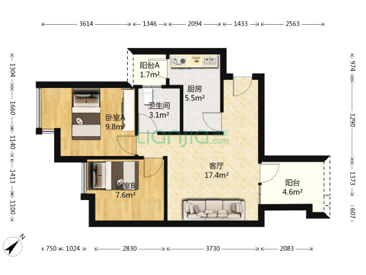 莞都可苑B区 2室1厅1卫 68平方
