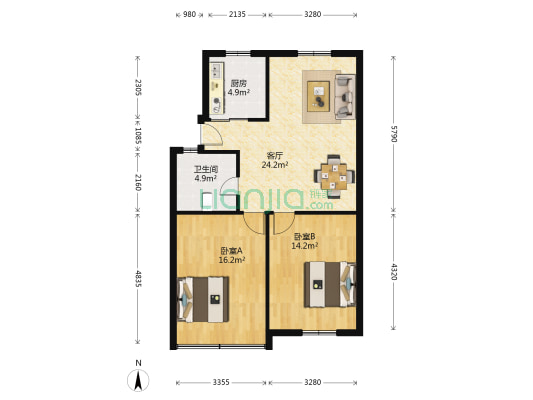 阳明西路305号 2室1厅1卫 77平方